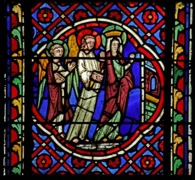 Window depicting Scene from the life of Saint Bonnet: Virgin Mary and two Angels appearing to Saint Bonnet by French School